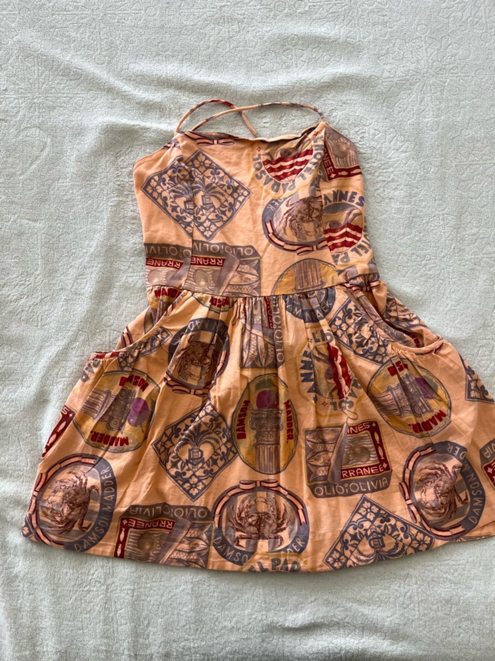 Damson Madder Women's Peaches Mini Apron Dress in Papaya Holiday Print US10 UK14